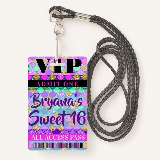 Colourful Mermaid Scales Party Sweet 16 VIP Pass Badge (Front with Lanyard)