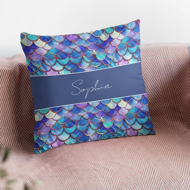 Colourful Mermaid Scales Pattern Little Girls Name Throw Pillow (Creator Uploaded)