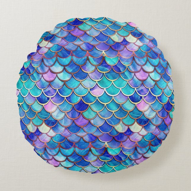 Colourful Mermaid Scales Pattern Little Girls Round Pillow (Front)