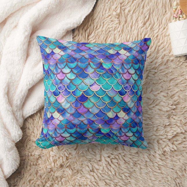 Colourful Mermaid Scales Pattern Little Girls Throw Pillow (Blanket)
