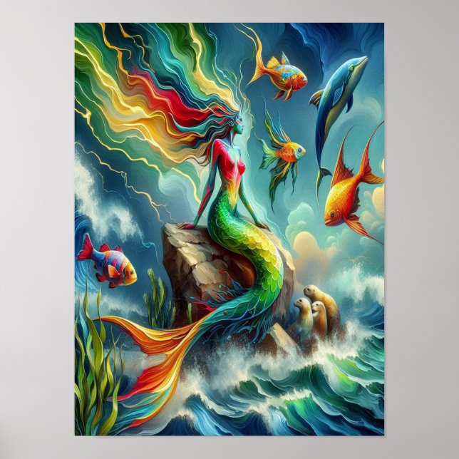 Colourful Mermaid Seated on Rocky Shore  12x16 Poster (Front)