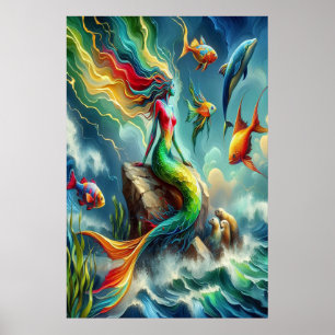 Colourful Mermaid Seated on Rocky Shore  24x36 Poster