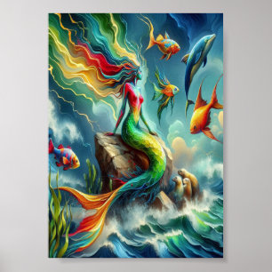 Colourful Mermaid Seated on Rocky Shore 5x7 Poster