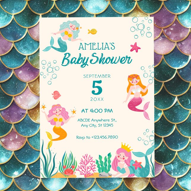 Colourful Mermaid Under the Sea baby shower Invitation (Creator Uploaded)