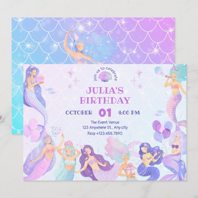 Colourful mermaid under the sea birthday party invitation (Front/Back)