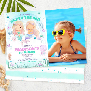Colourful Mermaid Under the Sea Birthday Photo Invitation