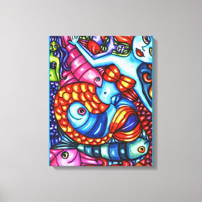 Colourful Mermaids Fish Abstract Original Painting Canvas Print (Front)
