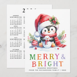 Colourful Merry and Bright Cute Penguin Christmas Holiday Card