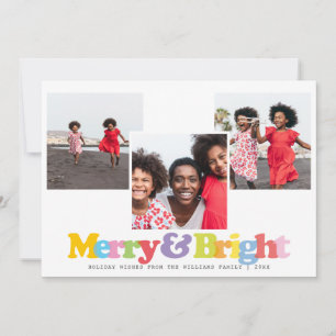 Colourful Merry And Bright Family 3 Photo Collage Holiday Card