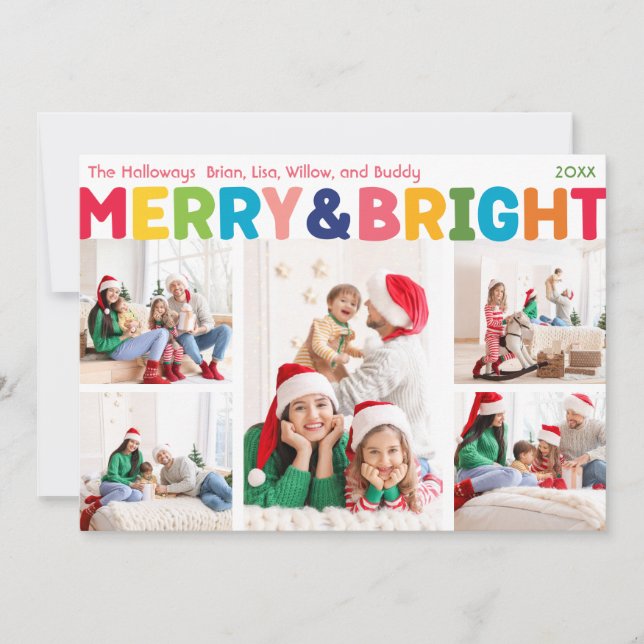 Colourful Merry and Bright Five Photo Holiday Card (Front)