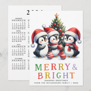 Colourful Merry and Bright Fun Penguins Christmas Holiday Card