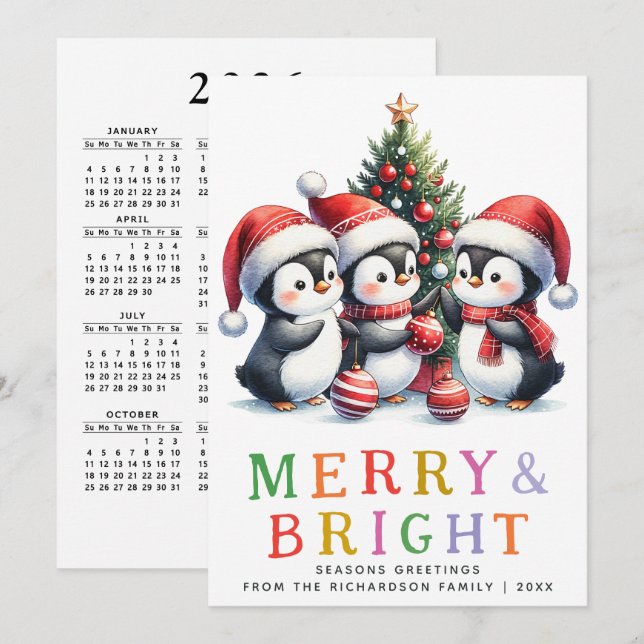 Colourful Merry and Bright Fun Penguins Christmas Holiday Card (Front/Back)