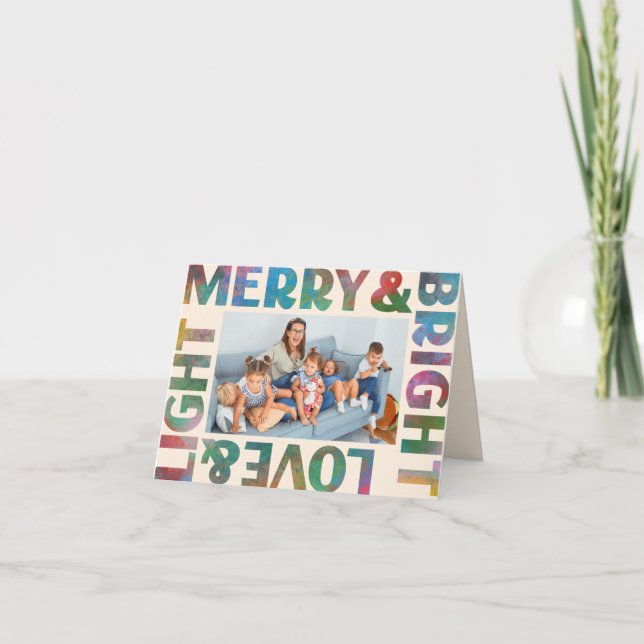 Colourful Merry and Bright Love and Light Holiday Note Card (Front)