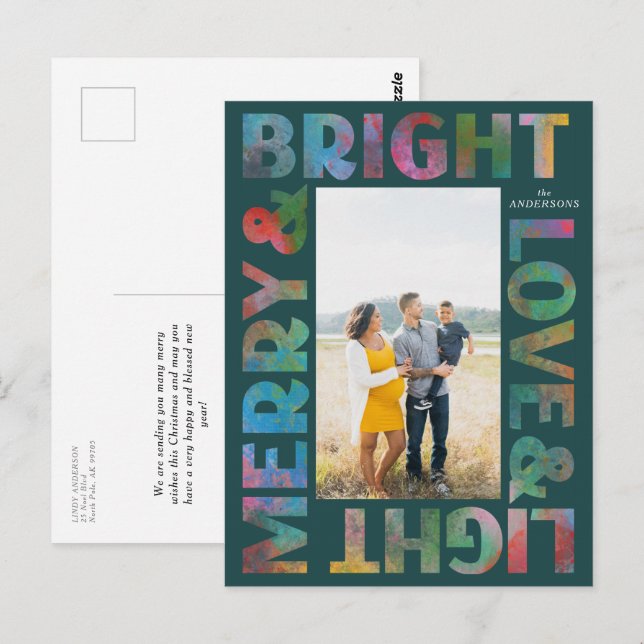 Colourful Merry and Bright Love and Light Holiday Postcard (Front/Back)