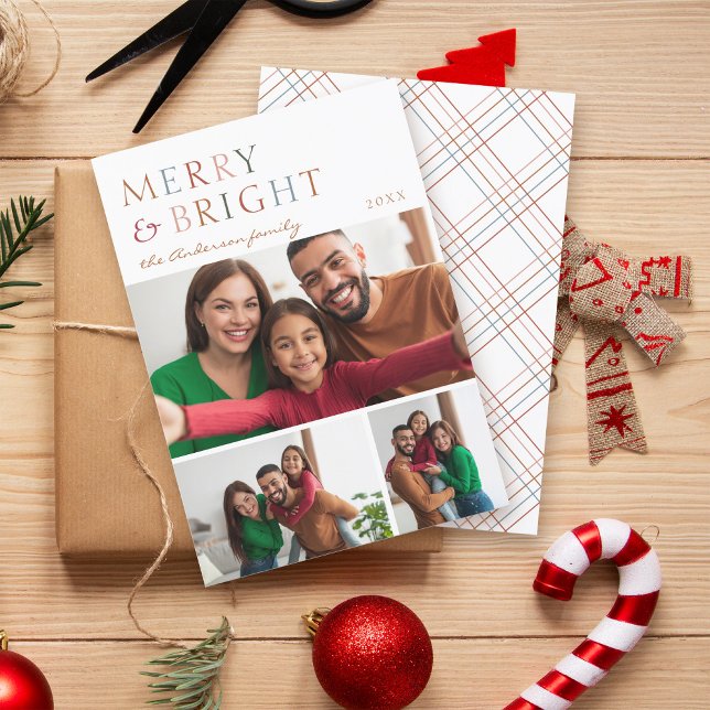 Colourful Merry & Bright 3 Photo Collage Christmas Holiday Card (Creator Uploaded)