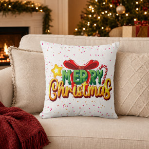 Colourful Merry Christmas Bow and Candy Cane Throw Pillow
