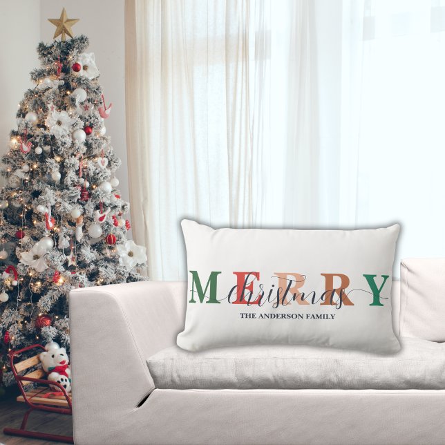 Colourful Merry Christmas Family Name  Lumbar Pillow (Creator Uploaded)