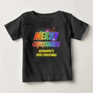 Colourful "MERRY CHRISTMAS!", Fireworks, Name Baby T-Shirt