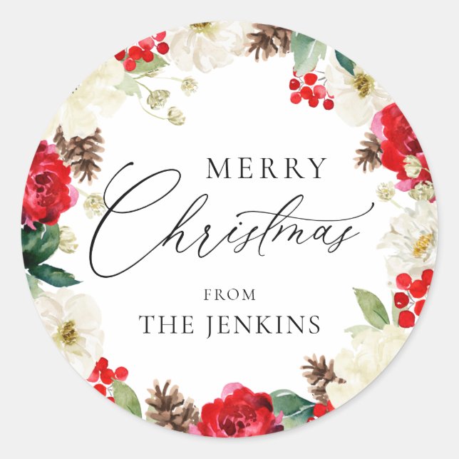 Colourful Merry Christmas Floral Classic Round Sticker (Front)