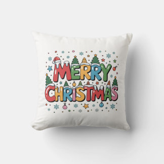 Colourful Merry Christmas Kids Cartoon Throw Pillo Throw Pillow