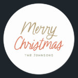 Colourful Merry Christmas Personalized Classic Round Sticker<br><div class="desc">This festive and chic holiday sticker features sweet styled typography.</div>