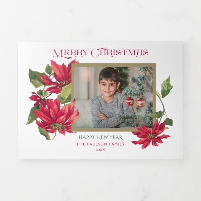 Colourful Merry Christmas | Poinsettias | Photo Tri-Fold Holiday Card (Cover)