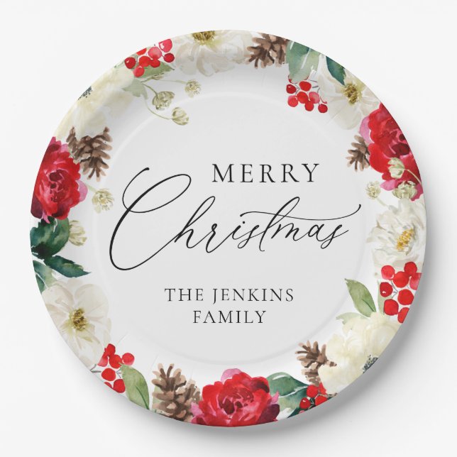 Colourful Merry Christmas Red Floral Paper Plate (Front)