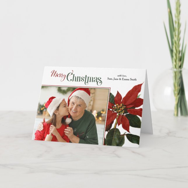 Colourful Merry Christmas Script w/Poinsettia Phot Holiday Card (Front)