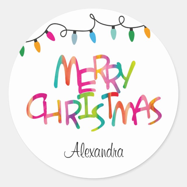 Colourful Merry Christmas Tree Lights  Classic Round Sticker (Front)