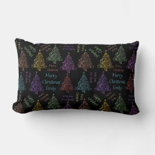Colourful Merry Christmas Tree Pattern Add Name Lumbar Pillow