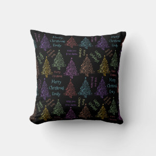 Colourful Merry Christmas Tree Pattern Add Name Throw Pillow