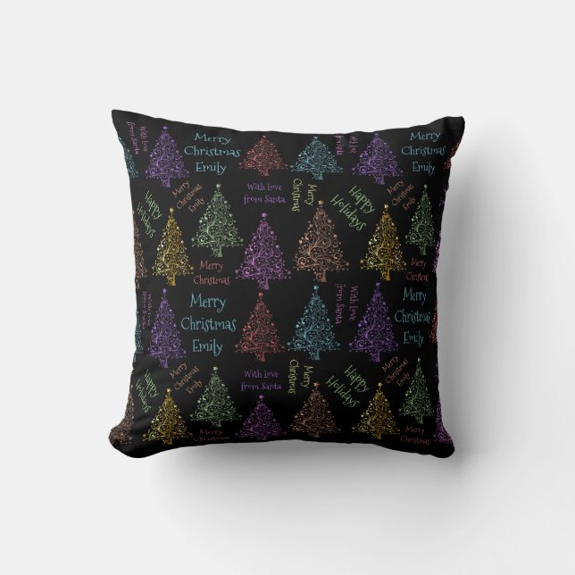 Colourful Merry Christmas Tree Pattern Add Name Throw Pillow (Front)