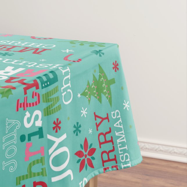 Colourful Merry Christmas Typography Modern Floral Tablecloth (In Situ)