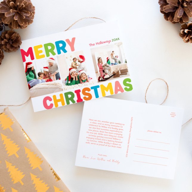 Colourful Merry Christmas Year in Review 3 Photo Holiday Postcard (Creator Uploaded)