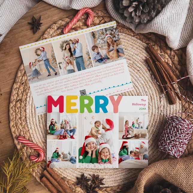 Colourful Merry Christmas Year In Review 8 Photo Holiday Card (Creator Uploaded)