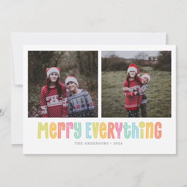 Colourful Merry Everything Two Photo Christmas Holiday Card (Front)