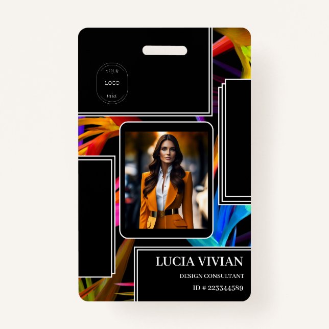 Colourful Messy Black Tropical Photo Employee Name Badge (Front)