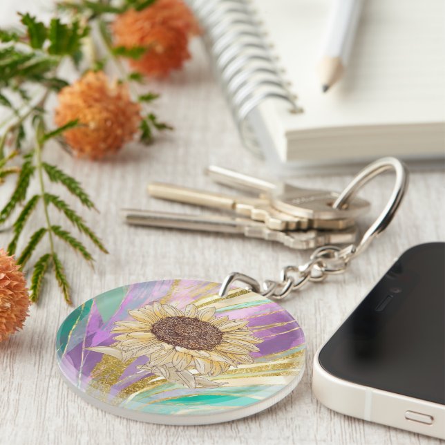 Colourful Metallic Floral Background With Sunflowe Keychain (Front Right)