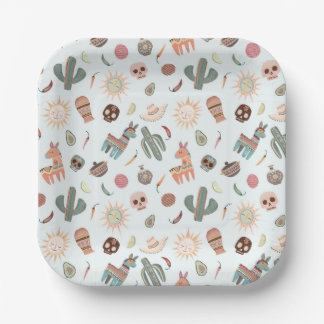 Colourful Mexican Cactus Skulls Suns Neutral Colou Paper Plate