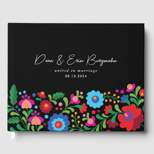 Colourful Mexican Embroidery on Black Wedding Guest Book (Front)
