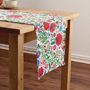 Colourful Mexican Embroidery Pattern on Navy Blue Medium Table Runner