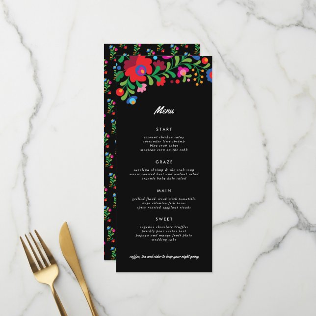 Colourful Mexican Embroidery Reception Dinner Menu (Front/Back In Situ)