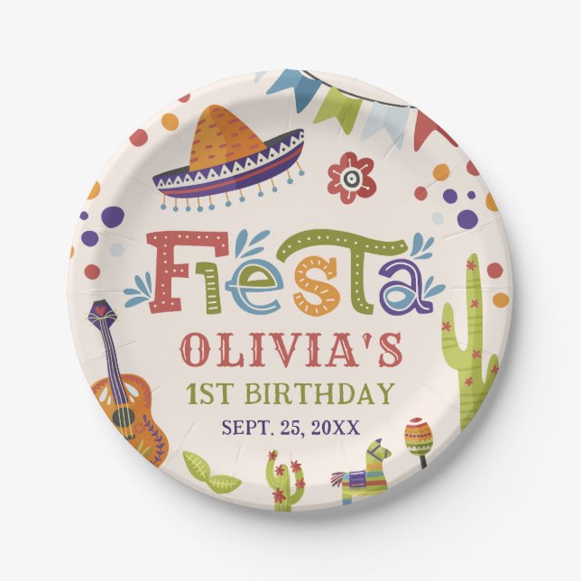 Colourful Mexican Fiesta First Birthday Paper Plate (Front)