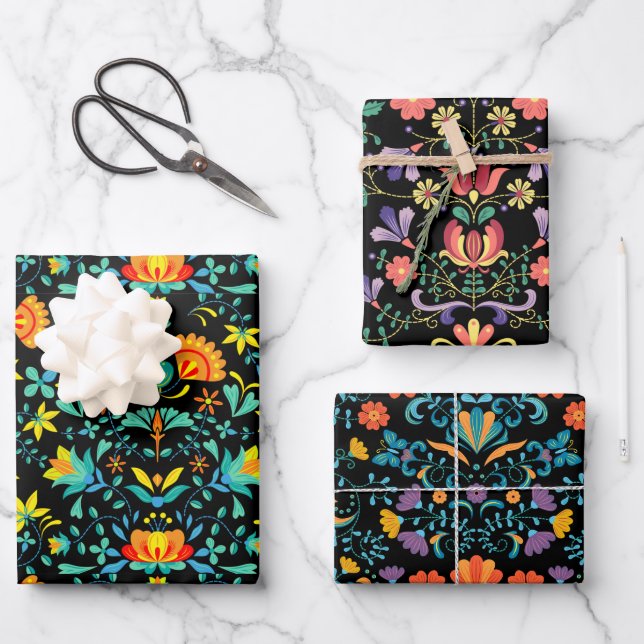 Colourful Mexican Floral Embroidery  Wrapping Paper Sheet (Front)