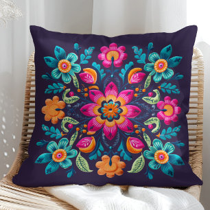 Colourful Mexican Floral Fiesta Pattern Throw Pillow