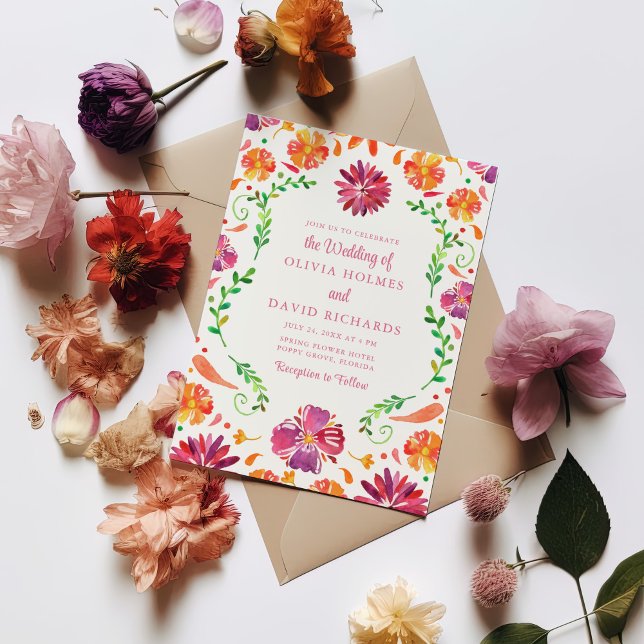 Colourful Mexican Floral Fiesta Wedding Invitation (Colorful Mexican Floral Fiesta Wedding Invitation on white table with colorful flowers.)