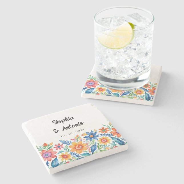 Colourful Mexican Floral Fiesta Wedding Stone Coaster (Side)