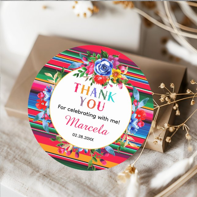 Colourful Mexican Floral & Serape Thank you Favour Classic Round Sticker (Creator Uploaded)