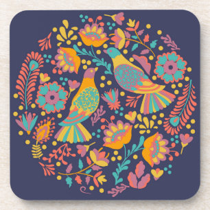 Colourful Mexican Folk Art Birds and Flowers Blue Coaster