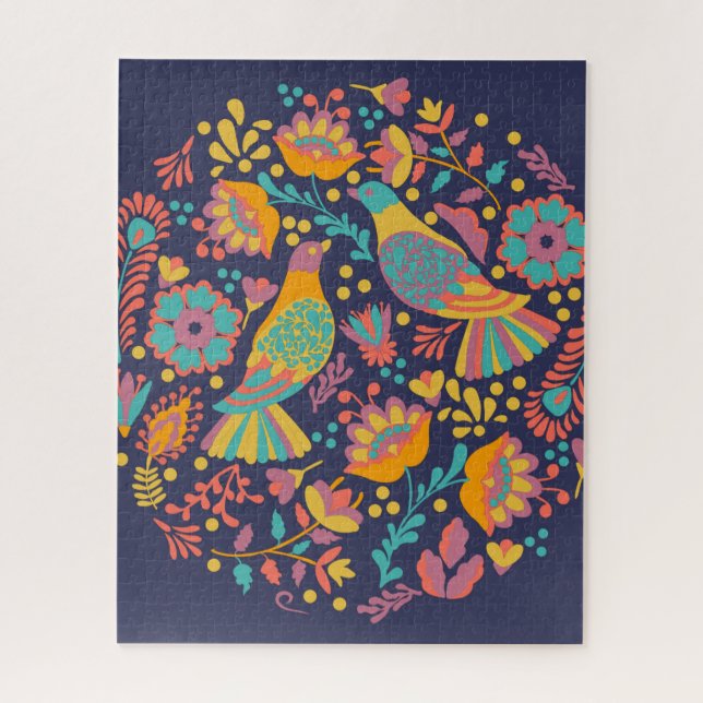 Colourful Mexican Folk Art Birds and Flowers Blue Jigsaw Puzzle (Vertical)